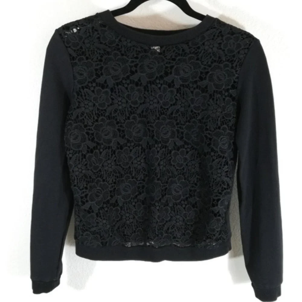 *Jonathan Martin Black Lace Front Long Sleeve Knit Top Solid Back Size Medium